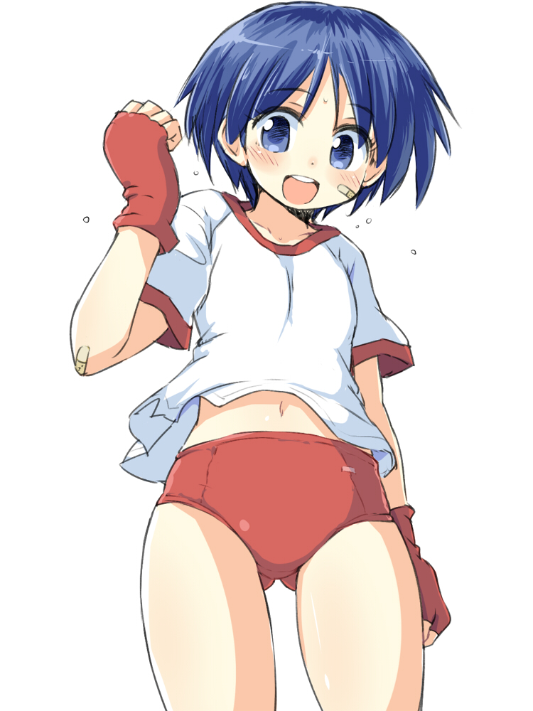 1girl :d bandaid bandaid_on_elbow bandaid_on_face blue_eyes blue_hair blush breasts buruma collarbone commentary_request cowboy_shot dot_nose fingerless_gloves gloves gluteal_fold gym_shirt hand_up matsubara_aoi naitou_kouse navel open_mouth raised_fist red_buruma red_gloves round_teeth shirt short_hair short_sleeves side_slit simple_background small_breasts smile solo standing stomach sweat tareme teeth thighs to_heart upshirt white_background