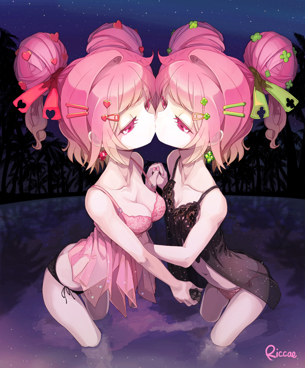 artist_name babydoll black_panties breasts cleavage couple double_bun eye_contact hair_ornament hair_ribbon hairclip heart holding_hands incest kiss looking_at_another medium_breasts multiple_girls navel original panties pink_eyes pink_hair pink_panties ribbon riccae short_hair siblings small_breasts twincest twins underwear yuri