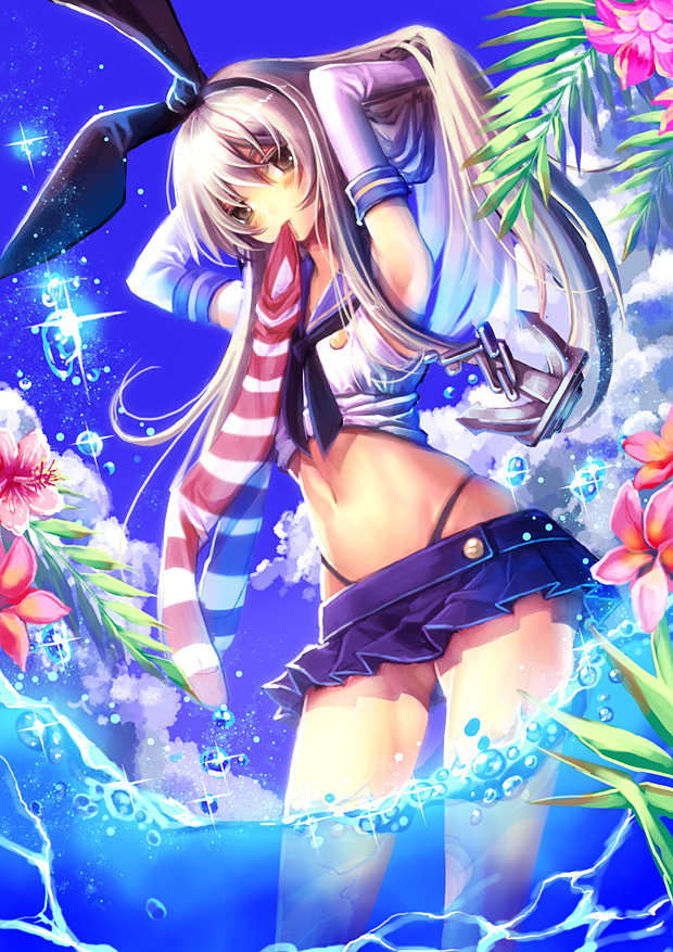 anchor armpits blonde_hair blush brown_eyes elbow_gloves flower gloves hairband kantai_collection long_hair looking_at_viewer mouth_hold navel shimakaze_(kantai_collection) skirt solo standing striped striped_legwear tamarashi thighhighs thighhighs_removed wading water white_gloves