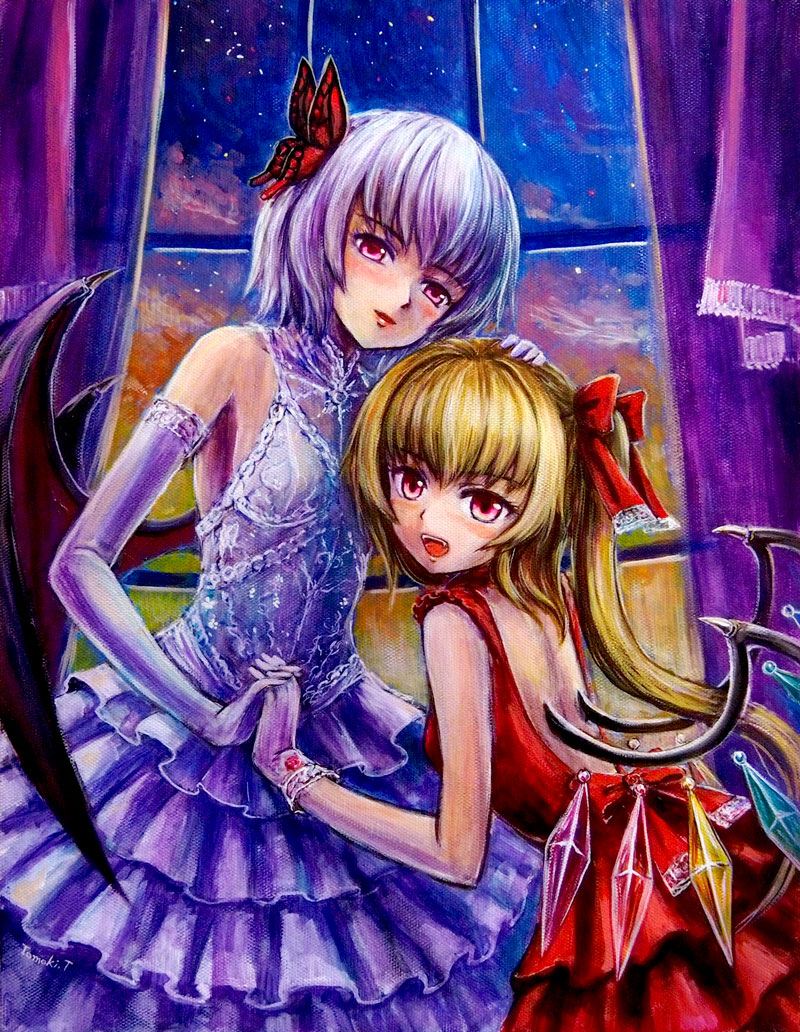 :d alternate_costume bangs bare_back bat_wings blush butterfly_hair_ornament curtains dress elbow_gloves evening eyeshadow fangs flandre_scarlet formal gloves hair_ornament hair_ribbon hand_on_another's_head holding_hands interlocked_fingers lipstick long_hair looking_at_viewer makeup multiple_girls no_hat no_headwear oil_painting_(medium) open_mouth parted_lips purple_dress purple_eyes red_dress red_eyes remilia_scarlet ribbon short_hair siblings side_ponytail signature sisters sky sleeveless sleeveless_dress smile tafuto touhou twilight vampire window wings
