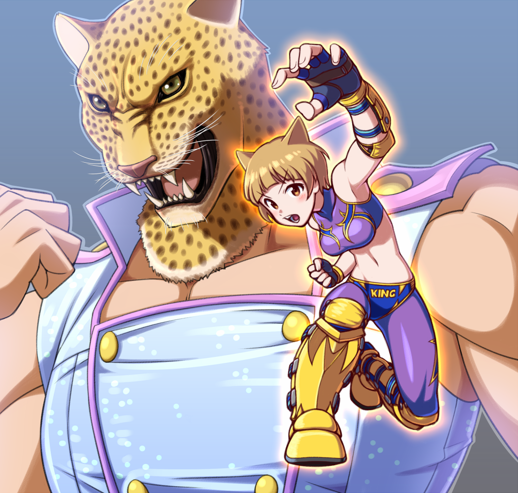 1girl animal_head boots breasts brown_hair cosplay costume_switch crop_top crossover fangs fingerless_gloves fukuda_noriko gloves greaves idolmaster idolmaster_million_live! jaguar king_(tekken) knee_boots knee_pads medium_breasts midriff muscle navel sat short_shorts shorts spandex tekken wrestling_outfit