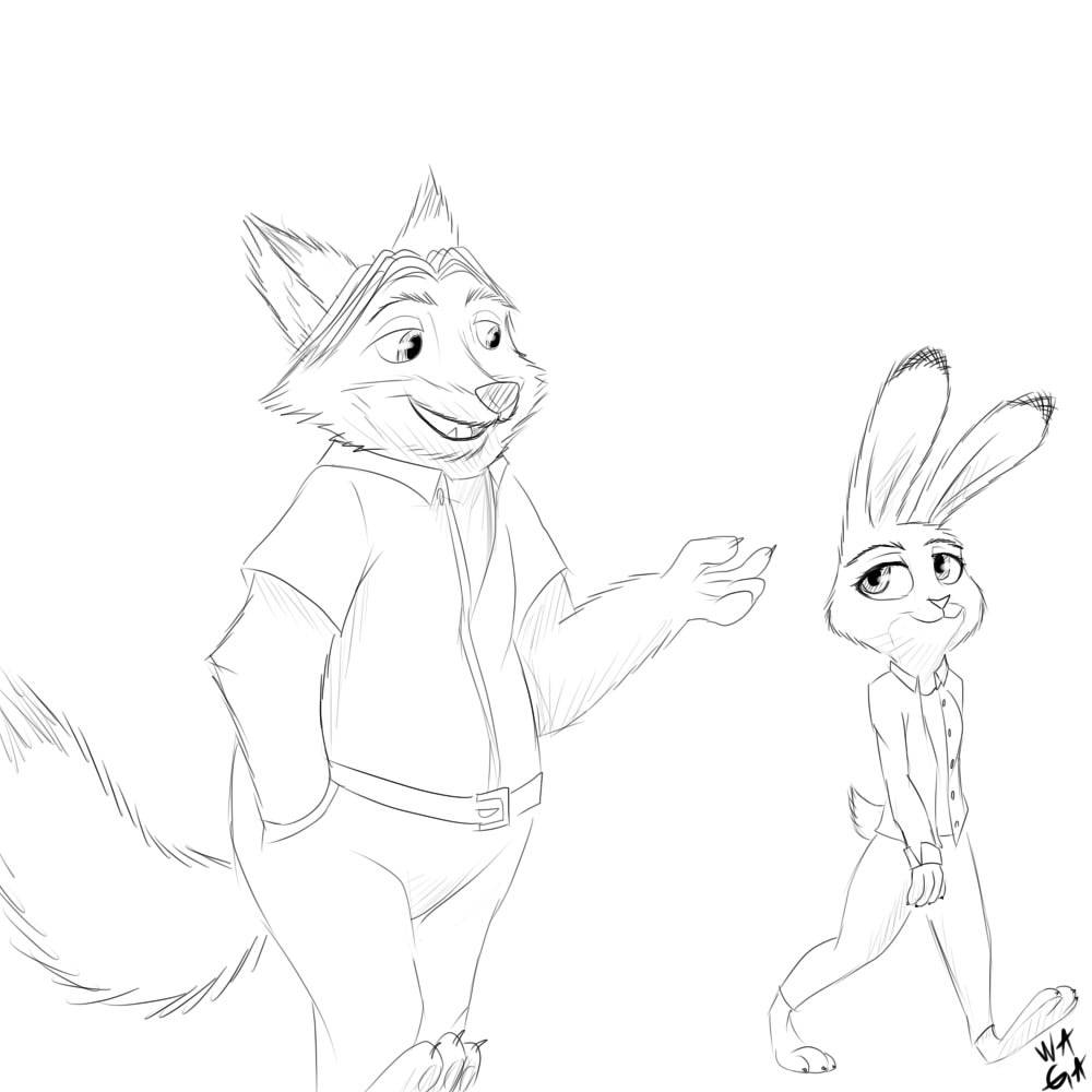 black_and_white canine disney duo female fox gideon_grey judy_hopps lagomorph line_art male mammal monochrome rabbit simple_background w4g4 white_background zootopia