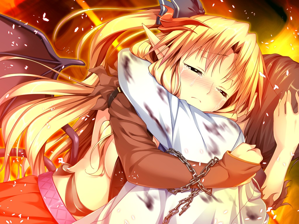 1girl blonde_hair blush bow brown_hair erect! eyes_closed fire game_cg horns hug long_hair piromizu pointy_ears tiana_jill_lilithtia wings