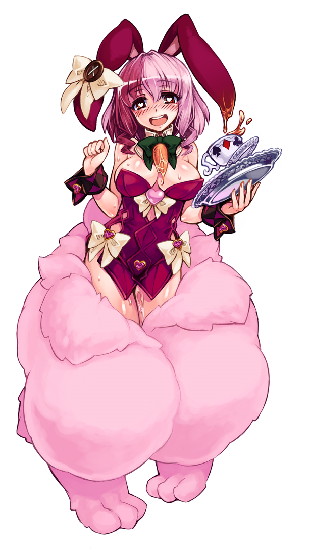 animal_costume animal_ears bare_shoulders blush breasts bunny_costume bunny_ears bunny_girl bunnysuit carrot cleavage cuff_links cuffs cup fluffy heart heart-shaped_pupils kenkou_cross mamono_girl_lover march_hare march_hare_(mamono_girl_lover) monster_girl monster_girl_encyclopedia open_mouth pink_hair pussy_juice symbol-shaped_pupils tea teacup thighs translated tray wet wrist_cuffs