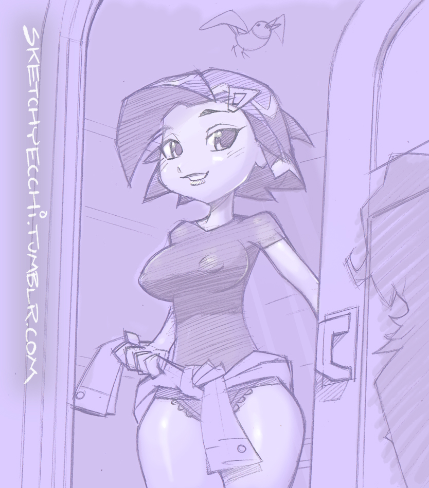 breasts clothes_around_waist covered_nipples doorway hair_ornament hairclip large_breasts mature monochrome naughty_face no_pants opening_door panties pokemon pokemon_(game) pokemon_xy robert_de_jesus saki_(pokemon) shirt_around_waist short_hair smile underwear wide_hips