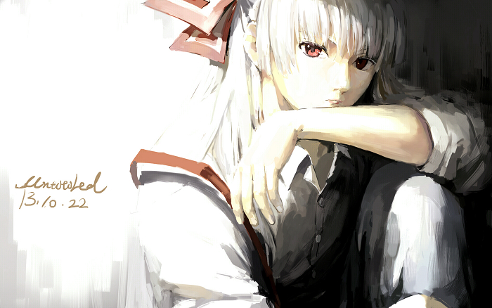 2013 bad_id bad_pixiv_id bangs blunt_bangs bow dated fancybetty fujiwara_no_mokou hair_bow pose red_eyes shirt signature sitting sleeves_pushed_up solo suspenders touhou white white_hair white_shirt