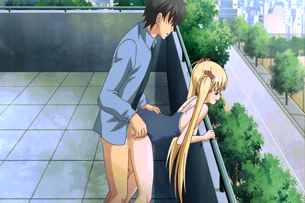airi_akizuki animated animated_gif bent_over black_hair blonde_hair blue_eyes blush bouncing_breasts breasts censored doggystyle father_and_daughter from_behind hair_ribbon large_breasts oni_chichi outdoors outside penis poro ribbon roof rooftop swimsuit