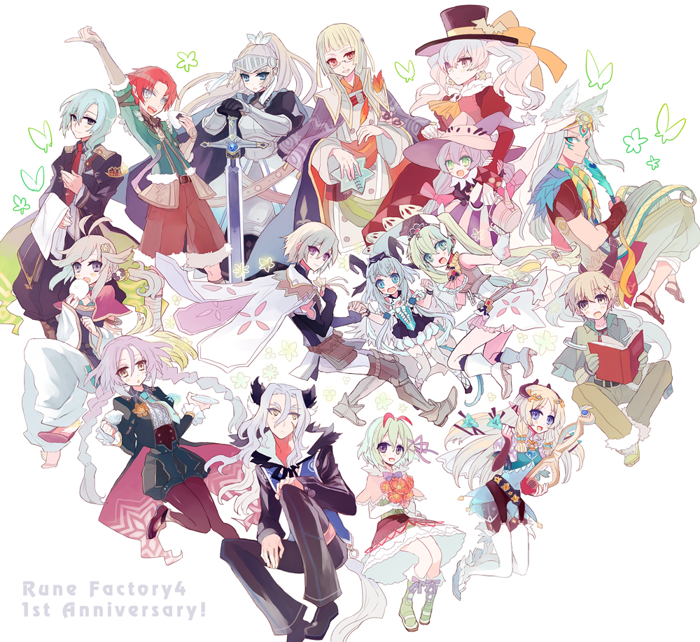 6+girls :d animal_ears arthur_(rune_factory) bad_id bad_pixiv_id bishnal_(rune_factory) blonde_hair blue_hair braid clorica_(rune_factory) diras dolce_(rune_factory) doug_(rune_factory) forked_eyebrows forte_(rune_factory) fox_ears frey_(rune_factory) gold_trim hat hima_ki horse_boy horse_ears horse_tail kiel_(rune_factory) kohaku_(rune_factory) lest_(rune_factory) long_hair margaret_(rune_factory) multiple_boys multiple_girls open_mouth pantyhose pico_(rune_factory) pink_hair pointy_ears red_hair rune_factory rune_factory_4 selzawill short_hair simple_background smile tail thick_eyebrows thighhighs twin_braids twintails white_background witch_hat xiao_pai