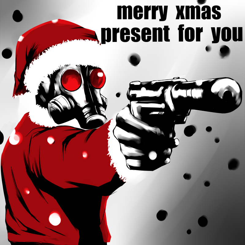 1boy christmas english gloves gun hat hunk pixiv_manga_sample resident_evil santa_costume santa_hat snow solo weapon