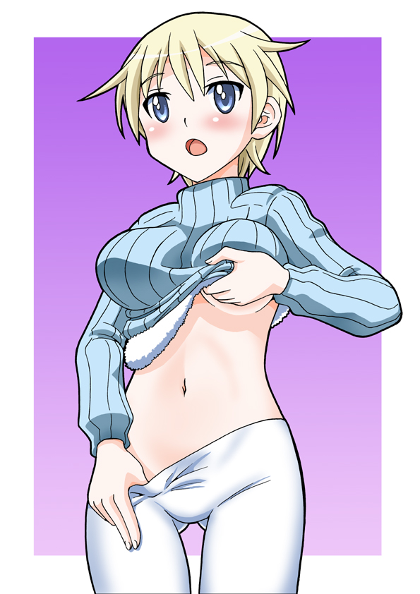 blue_eyes brave_witches breasts doku_donguri large_breasts midriff navel nikka_edvardine_katajainen open_mouth pantyhose pantyhose_pull ribbed_sweater shirt_lift short_hair solo sweater world_witches_series