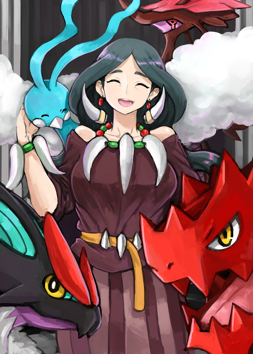 :d altaria bare_shoulders belt breasts closed_eyes dracaena_(pokemon) dragalge dragon druddigon earrings elite_four gen_3_pokemon gen_5_pokemon gen_6_pokemon highres jewelry long_hair long_skirt madarame medium_breasts necklace noivern open_mouth pokemon pokemon_(creature) pokemon_(game) pokemon_xy red_eyes skirt smile wings yellow_eyes