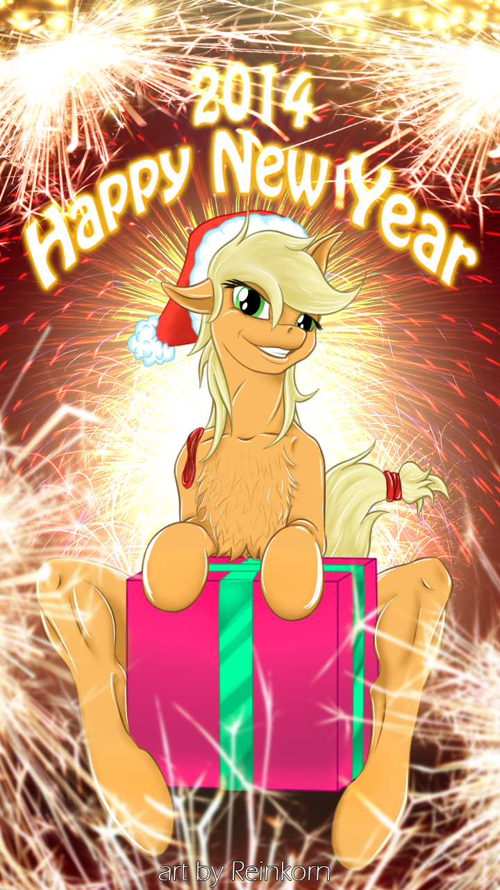 abstract_background anthro anthrofied applejack_(mlp) blonde_hair chest_tuft cutie_mark english_text equine female fireworks freckles friendship_is_magic fur gift green_eyes hair hat holidays hooves horse long_hair looking_at_viewer mammal mane my_little_pony new_year outside pony reinkorn ribbons sitting solo sparkle surprise text tuft