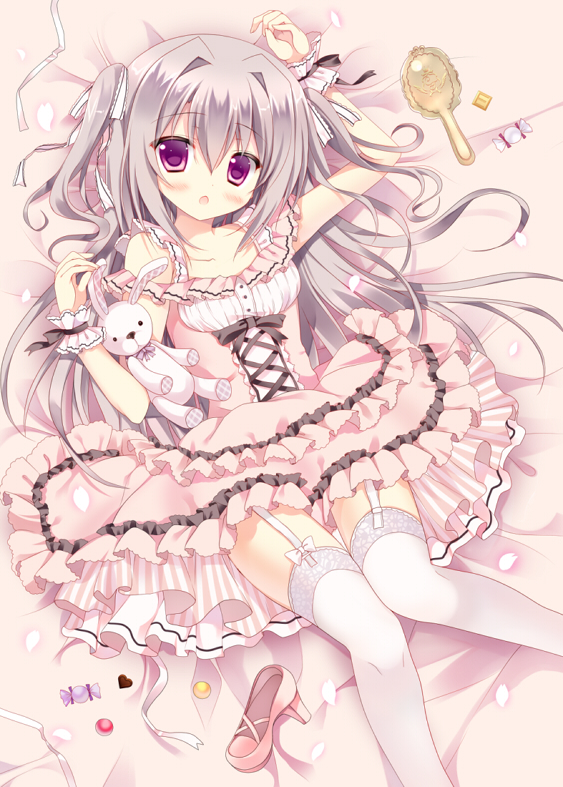 :o arm_up azumi_kazuki bare_arms blush candy chocolate chocolate_heart dress food frilled_dress frills garter_straps hair_intakes hair_ribbon hand_mirror heart high_heels lace lace-trimmed_thighhighs lolita_fashion long_hair looking_at_viewer lying mirror on_back open_mouth original petals pink_dress purple_eyes ribbon shoes_removed silver_hair sleeveless sleeveless_dress solo stuffed_animal stuffed_bunny stuffed_toy sweet_lolita thighhighs two_side_up very_long_hair white_legwear wrist_cuffs zettai_ryouiki