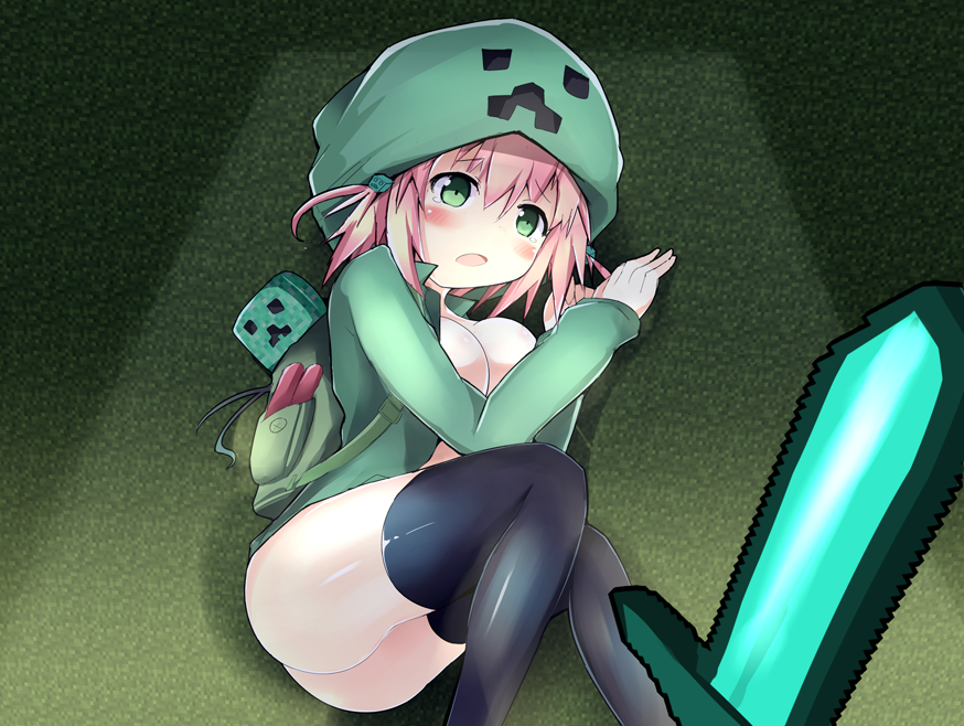 backpack bag bangs black_legwear blonde_hair blush breasts cleavage commentary creeparka creeper diamond green_eyes hood hoodie kano-bi large_breasts lying minecraft naked_hoodie no_bra open_mouth personification short_hair sword tears thighhighs twintails weapon zipper