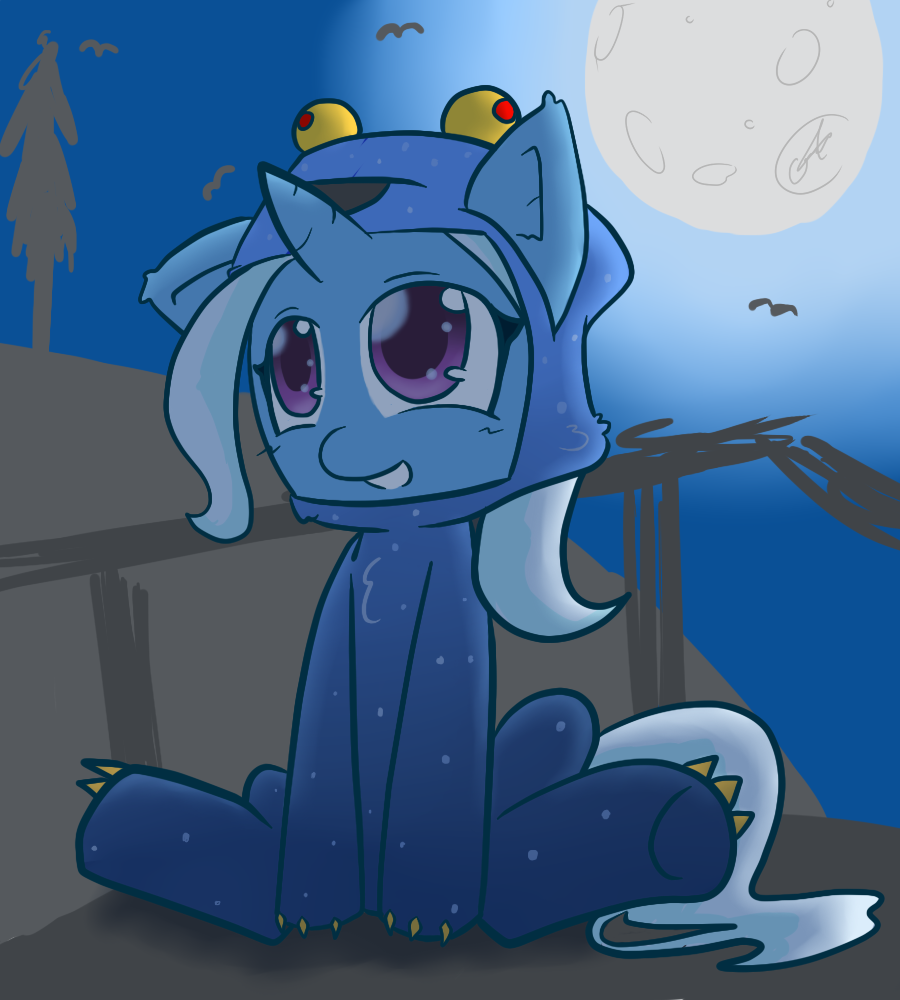 blue_hair claws costume equine female feral friendship_is_magic fur hair horn horse long_hair mammal moon my_little_pony night open_mouth pony purple_eyes sitting smile solo spread_legs spreading theyoungreaper trixie_(mlp) two_tone_hair unicorn