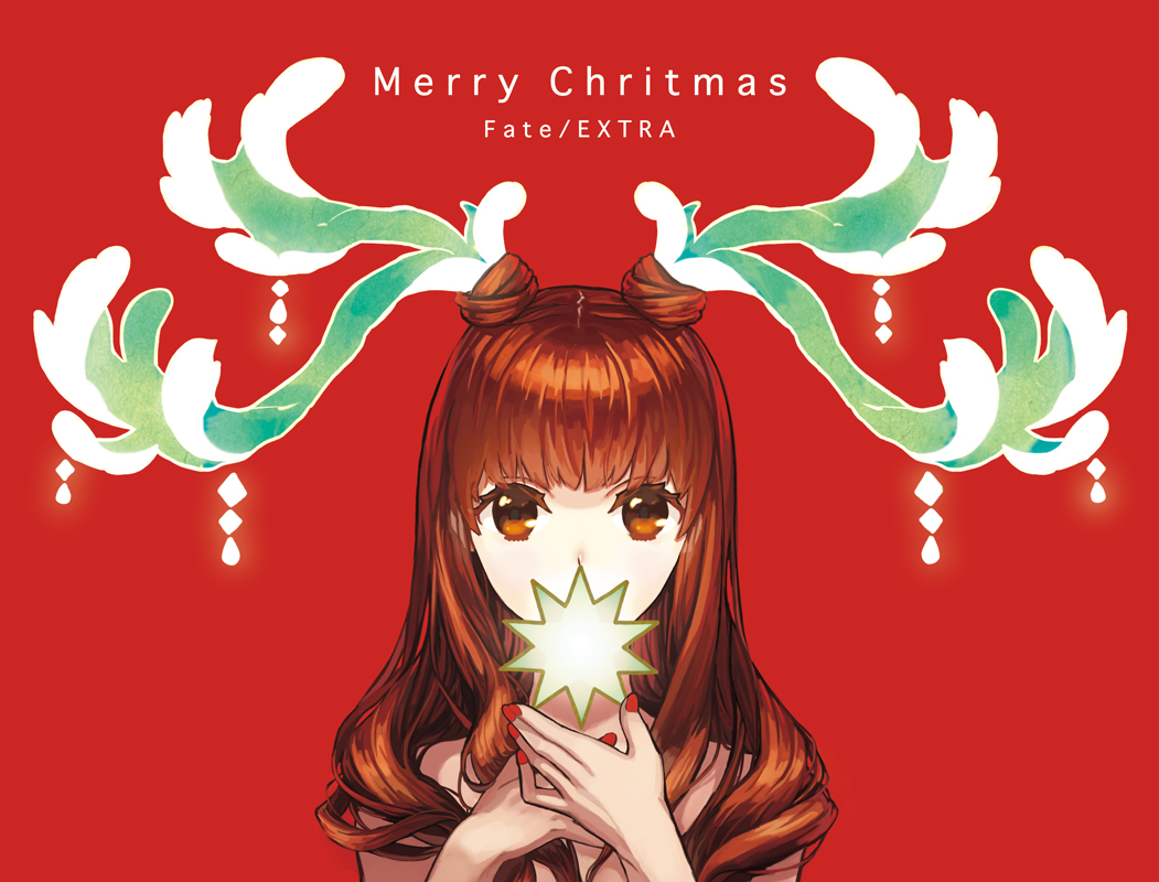antlers bangs brown_eyes brown_hair christmas copyright_name covering_mouth double_bun fate/extra fate/extra_ccc fate_(series) kishinami_hakuno_(female) lilianess long_hair looking_at_viewer md5_mismatch merry_christmas nail_polish portrait red_background solo typo