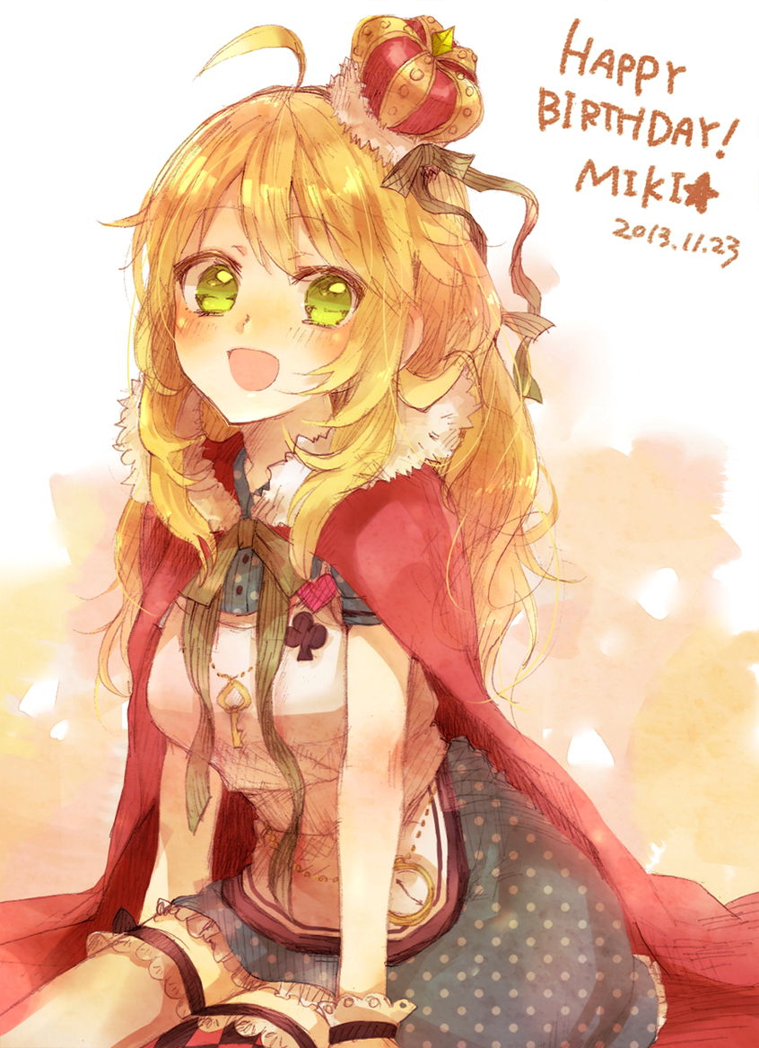 2013 bad_id bad_pixiv_id blonde_hair cape character_name crown dated green_eyes happy_birthday hoshii_miki idolmaster idolmaster_(classic) long_hair red_cape smile solo yuurinmoku