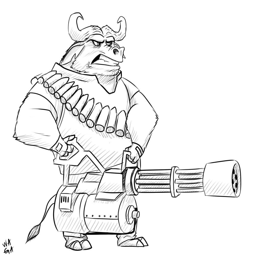 angry bovine buffalo cape_buffalo chief_bogo cosplay disney gatling_gun greyscale gun heavy_(team_fortress_2) machine_gun male mammal monochrome ranged_weapon simple_background solo team_fortress_2 valve video_games w4g4 weapon white_background zootopia