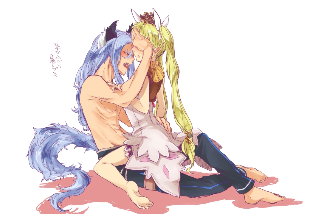 1girl animal_ears barefoot blue_hair couple diras escaburn fangs forked_eyebrows frey_(rune_factory) from_side full_body girl_on_top green_hair horse_boy horse_ears horse_tail jewelry long_hair rune_factory rune_factory_4 shirtless simple_background tail thick_eyebrows tiara translation_request twintails white_background