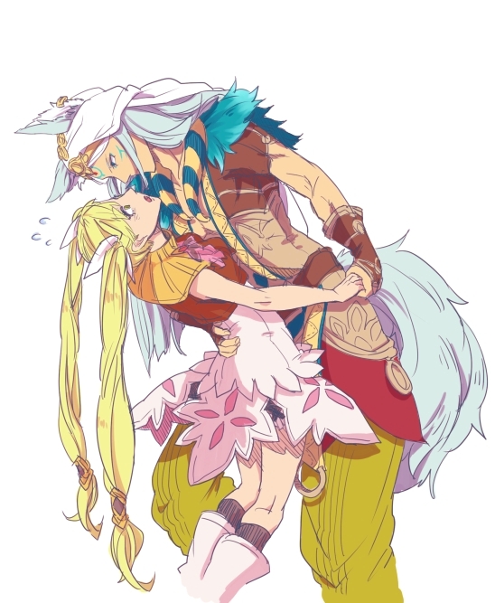 1girl animal_ears blue_hair boots couple egyptian egyptian_clothes escaburn fox_boy fox_ears fox_tail frey_(rune_factory) gold_trim green_hair leon_(rune_factory) long_hair rune_factory rune_factory_4 simple_background sleeveless tail twintails white_background