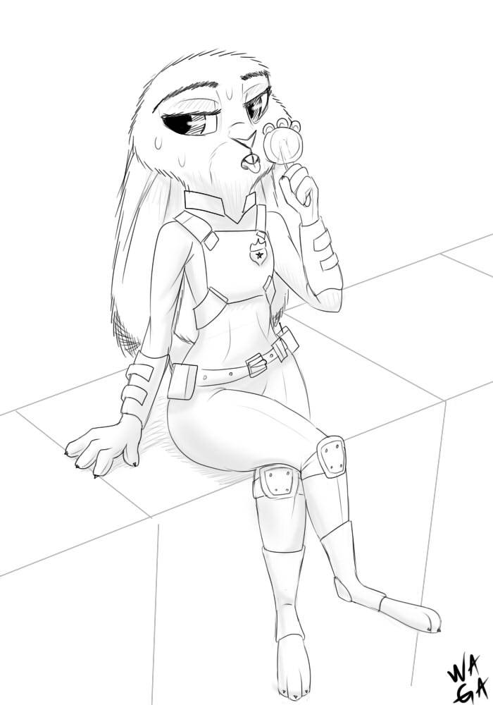 black_and_white clothing disney female food greyscale judy_hopps lagomorph line_art mammal monochrome pawpsicle police_uniform popsicle rabbit simple_background sitting solo sweat tongue tongue_out uniform w4g4 white_background zootopia