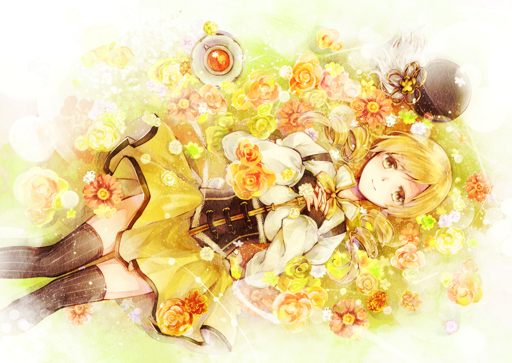 blonde_hair bouquet corset cup detached_sleeves drill_hair field fingerless_gloves flower flower_field gloves hat hat_removed headwear_removed lying mahou_shoujo_madoka_magica sencha_(coldcolor) skirt solo teacup tomoe_mami