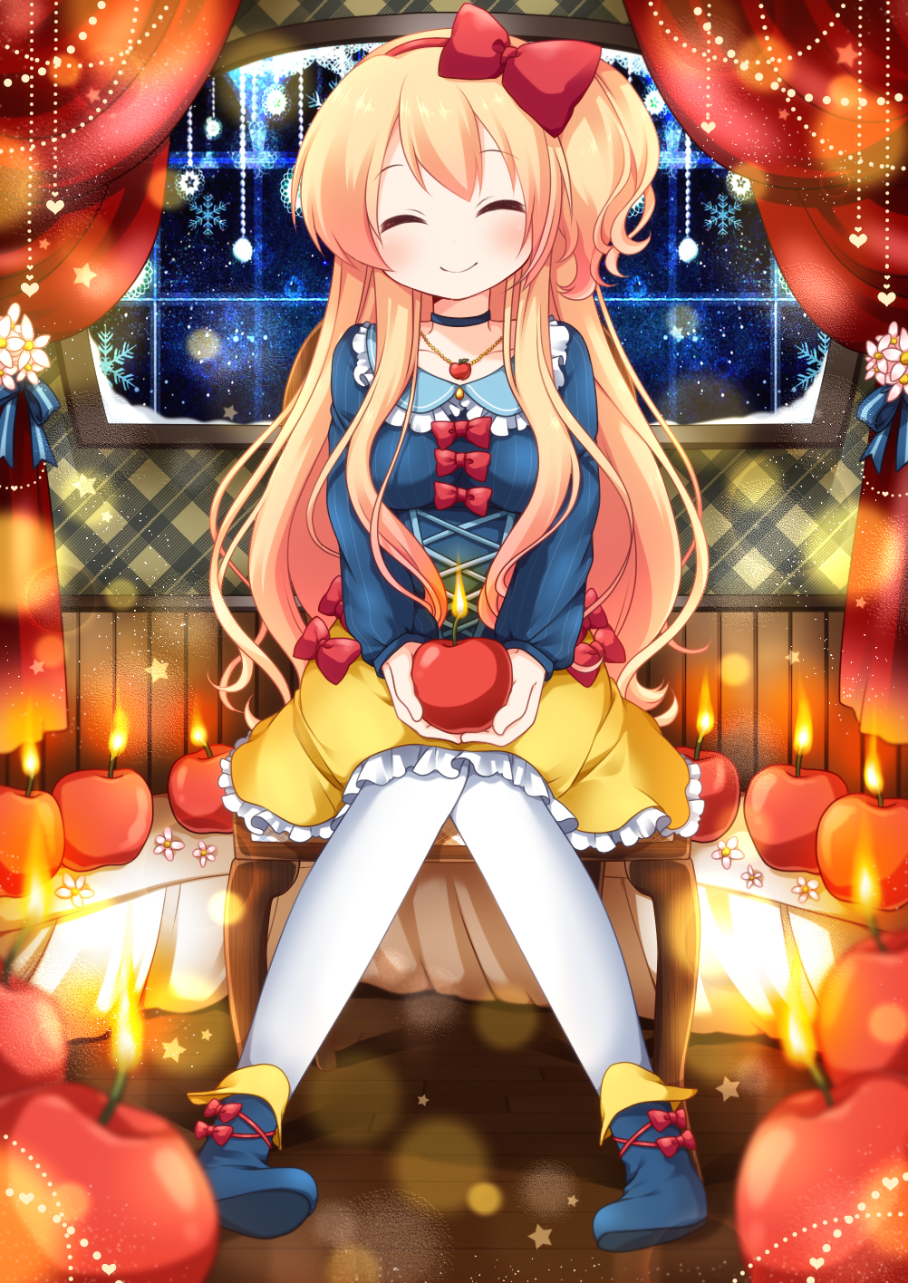 apple blonde_hair blush boots bow candle choker closed_eyes curtains fire flame flower food fruit hair_bow hairband highres jewelry long_hair necklace one_side_up original pantyhose ringo_yuyu skirt smile snow snowflakes solo star window