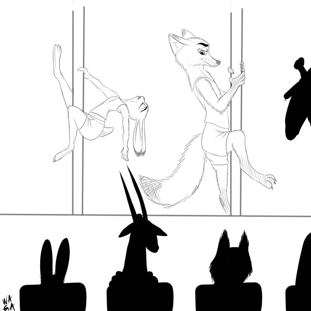 antelope black_and_white canine clothing dancing disney duo_focus female fox group judy_hopps lagomorph line_art male mammal monochrome nick_wilde oryx pole pole_dancing rabbit seductive shirt shorts silhouette simple_background tank_top w4g4 white_background zootopia