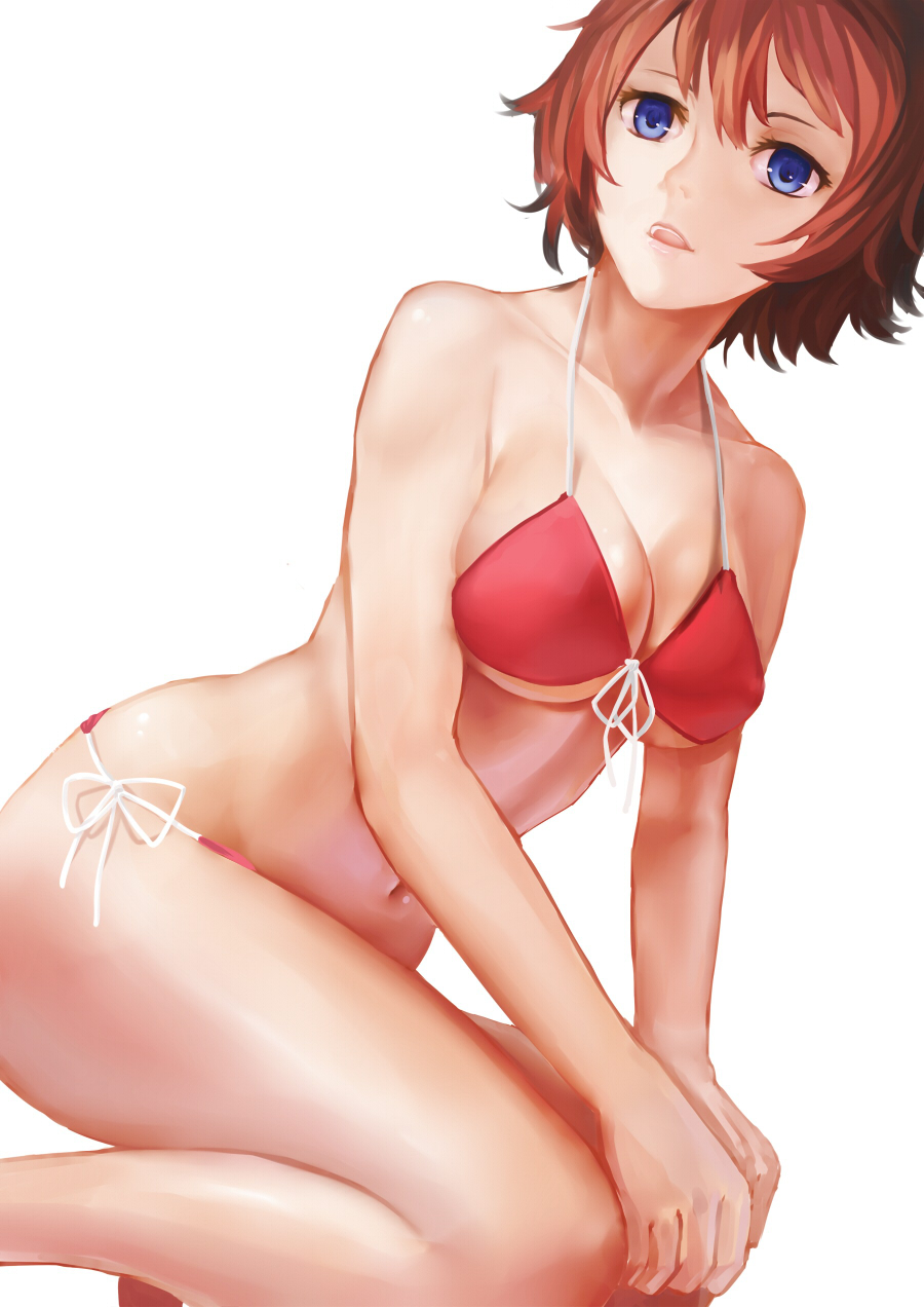 :p bikini blue_eyes breasts cleavage codec007 front-tie_top highres large_breasts navel original parted_lips red_hair shiny shiny_skin short_hair simple_background solo strap_gap swimsuit tongue tongue_out white_background