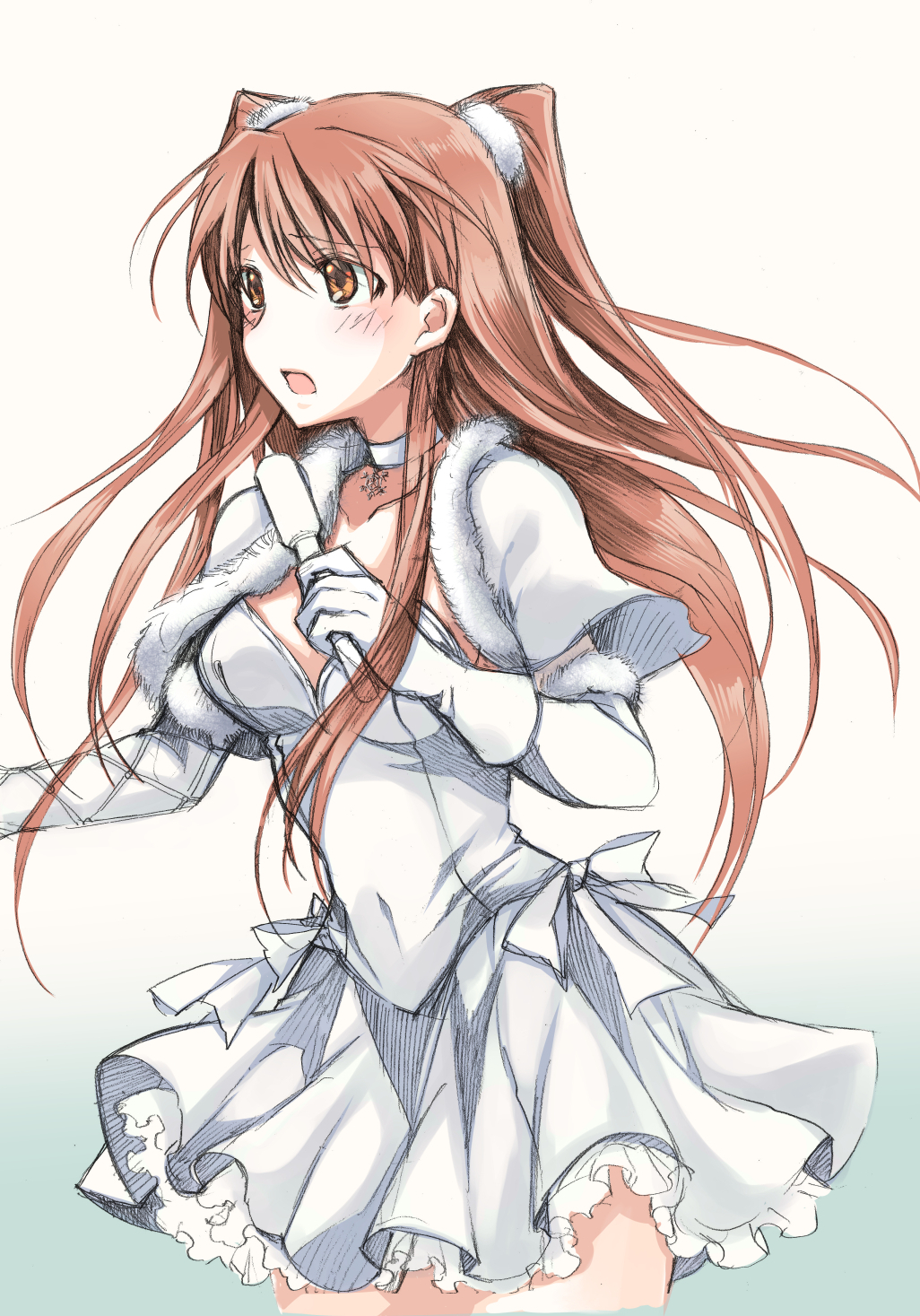 bow breasts brown_eyes brown_hair choker cleavage dress elbow_gloves gloves highres long_hair medium_breasts microphone mintes ogiso_setsuna open_mouth solo two_side_up white_album_2 white_dress white_gloves