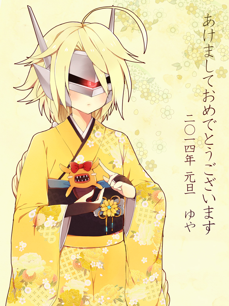 2014 ahoge blazblue blonde_hair happy_new_year japanese_clothes kimono lambda-11 long_hair new_year tartar visor yuya_(oshidori)