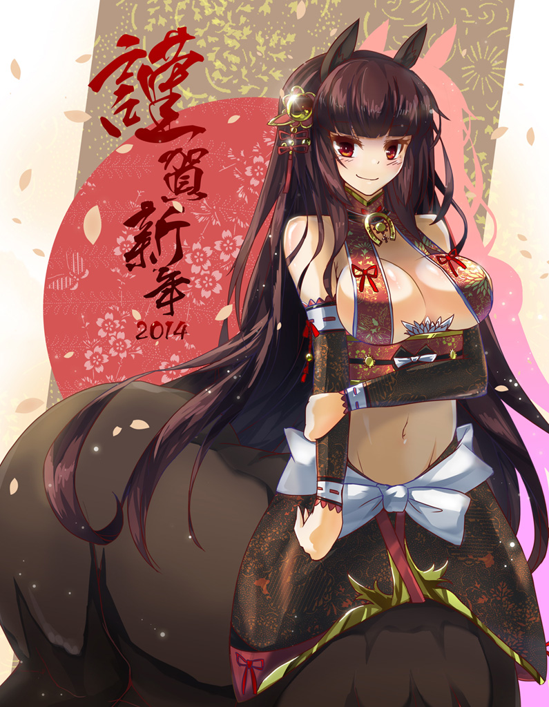 2014 animal_ears bare_shoulders breasts brown_hair centaur center_opening cleavage detached_sleeves horse_ears horseshoe large_breasts long_hair midriff monster_girl navel original petals red_eyes sideboob smile solo sud_(sudea) very_long_hair