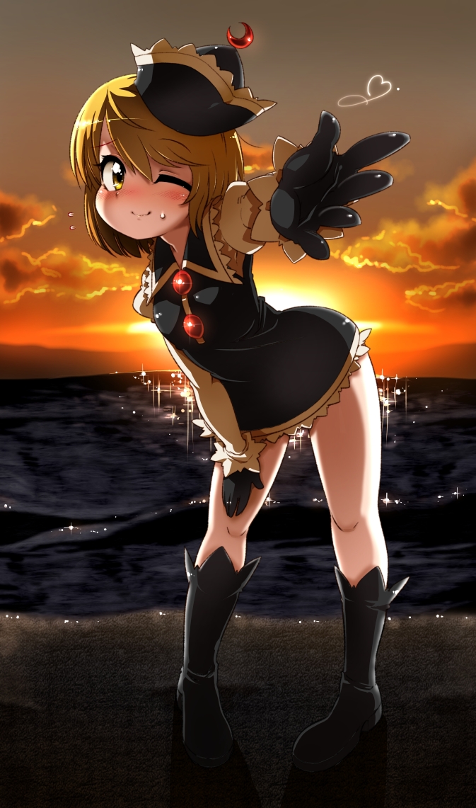 beach black_gloves blonde_hair blush boots crescent gloves harusame_(unmei_no_ikasumi) lunasa_prismriver one_eye_closed short_hair smile solo touhou yellow_eyes