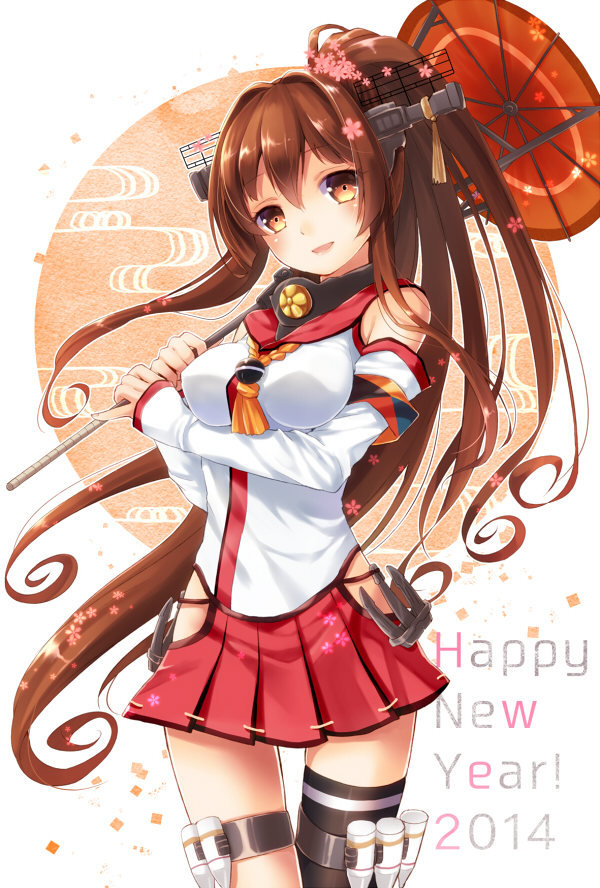 antennae bad_id bad_pixiv_id bare_shoulders black_legwear breasts brown_eyes brown_hair detached_sleeves flower hair_flower hair_ornament happy_new_year holster kantai_collection large_breasts long_hair looking_at_viewer new_year nunucco open_mouth oriental_umbrella ponytail shirt single_thighhigh skirt smile solo thigh_holster thighhighs umbrella very_long_hair yamato_(kantai_collection) zettai_ryouiki