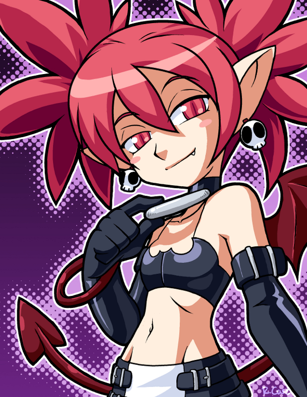 bandeau bangle bat_wings black_gloves blush_stickers bracelet demon_girl demon_tail disgaea earrings elbow_gloves etna fang flat_chest gloves jewelry midriff mini_wings pointy_ears red_eyes red_hair robert_j_case skull slit_pupils solo tail twintails wings