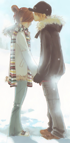 1girl baseball_cap bokura_ga_ita couple hat hetero hood hoodie kiss lowres scarf snow