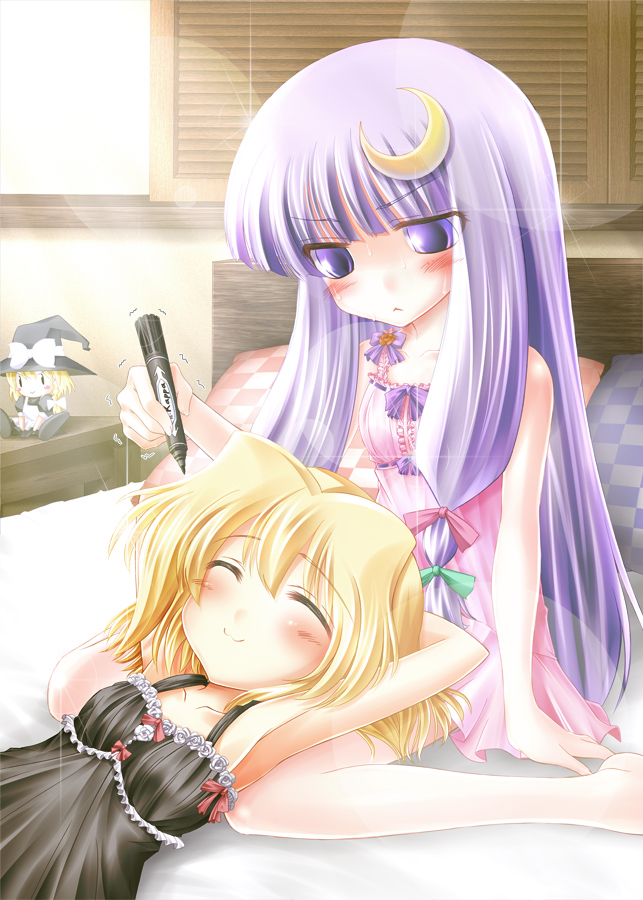 :&lt; :3 ^_^ armpits arms_behind_head barefoot blonde_hair blush camisole character_doll chemise closed_eyes crescent crescent_hair_ornament doll hair_ornament iganseijin kirisame_marisa lap_pillow lens_flare lens_flare_abuse lying marker multiple_girls on_back patchouli_knowledge purple_hair sitting sleepwear smile sweat touhou trembling wariza