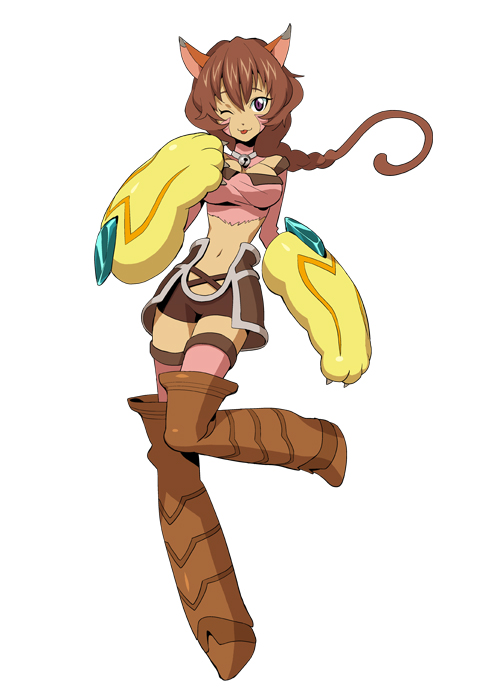 .hack//link 1girl ;p animal_ears artist_request bell bell_collar boots brown_hair cat_ears cat_paws collar midriff navel official_art one_eye_closed paws ponytail purple_eyes short_shorts shorts solo tabby_(.hack//) thigh_boots thighhighs tongue tongue_out