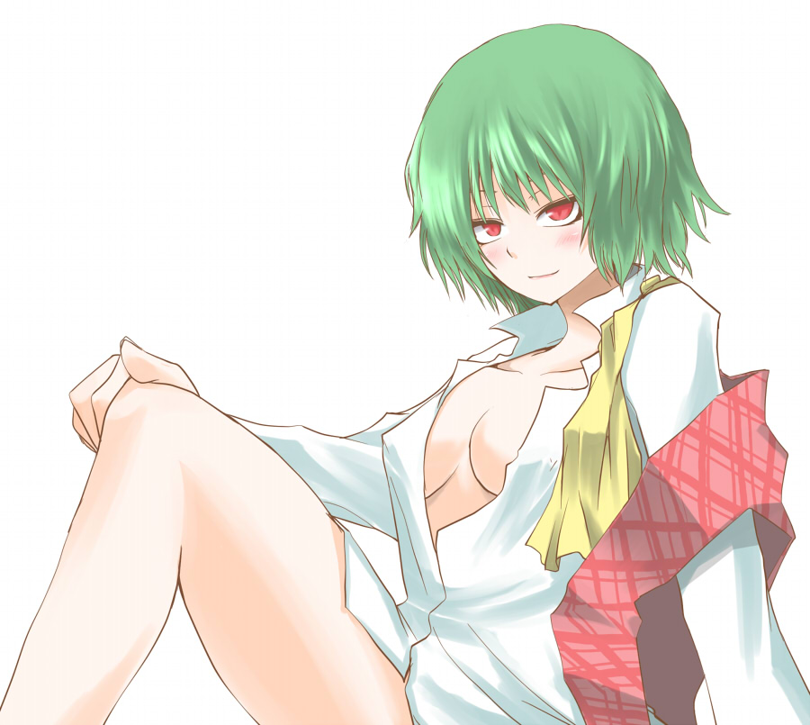 ascot blush breasts cleavage covered_nipples green_hair hane_(hanegoya) kazami_yuuka legs medium_breasts no_bra open_clothes open_shirt plaid plaid_vest red_eyes seductive_smile shirt short_hair simple_background smile solo touhou untied vest white_background