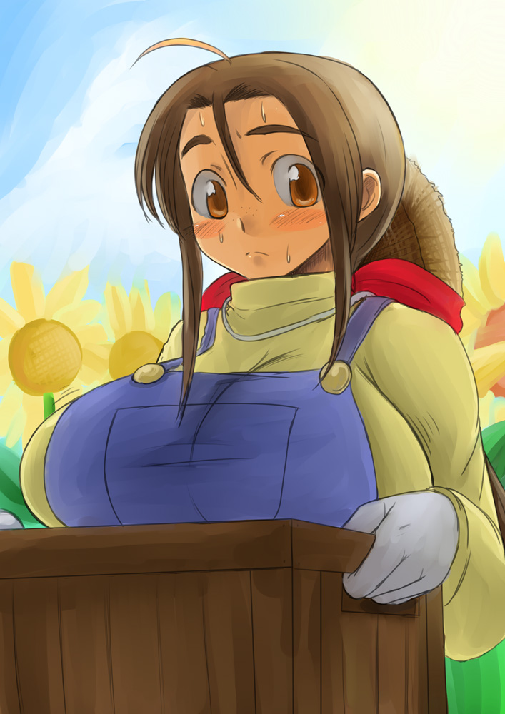 ahoge bad_id bad_pixiv_id breasts brown_eyes brown_hair copyright_request flower freckles hat huge_breasts overalls solo straw_hat sunflower za_(artist)