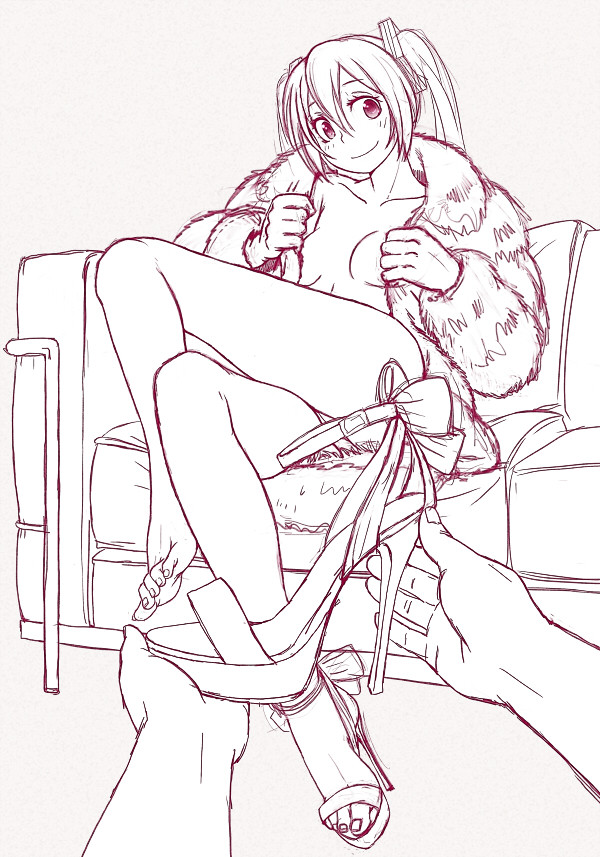 censored collarbone convenient_censoring couch crossed_legs feet full_body fur_coat hatsune_miku high_heels lineart long_hair monochrome naked_coat pov shoes single_shoe sitting smile strappy_heels vocaloid wokada