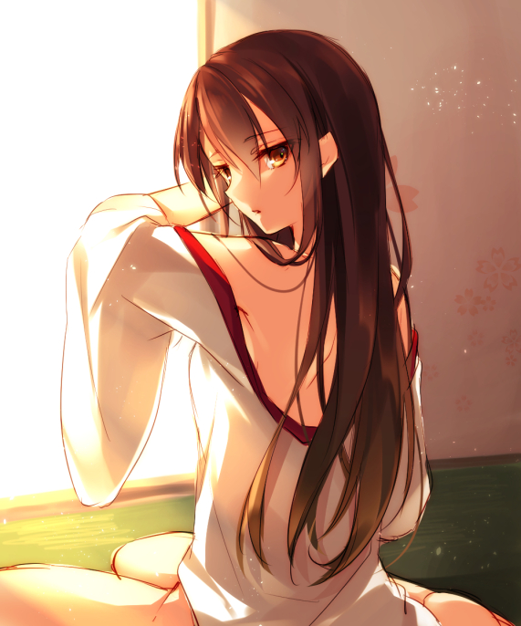 bare_shoulders black_hair from_behind fusou_(kantai_collection) japanese_clothes kantai_collection long_hair looking_at_viewer looking_back open_mouth partially_undressed red_eyes sitting solo toosaka_asagi wariza