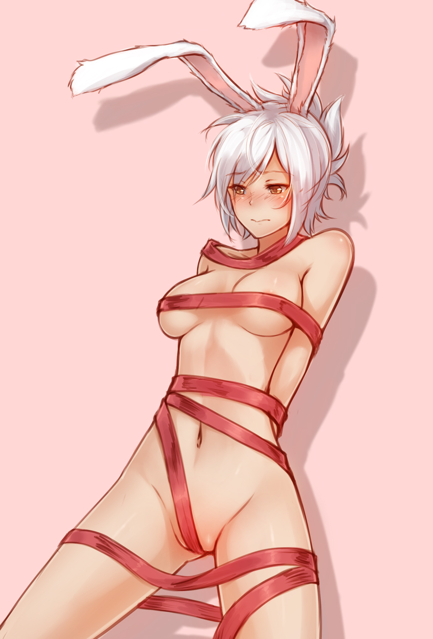 animal_ears arms_behind_back blush breasts bunny_ears folded_ponytail highres league_of_legends medium_breasts naked_ribbon navel orange_eyes ribbon ricegnat riven_(league_of_legends) short_hair simple_background white_hair