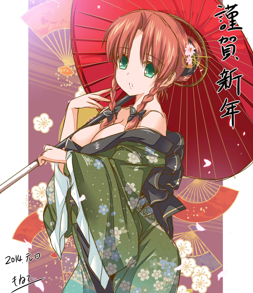 2014 alternate_costume bare_shoulders blush bow braid breasts cleavage green_eyes hair_bow hong_meiling japanese_clothes kimono large_breasts long_hair looking_at_viewer moneti_(daifuku) new_year oriental_umbrella red_hair solo touhou twin_braids umbrella