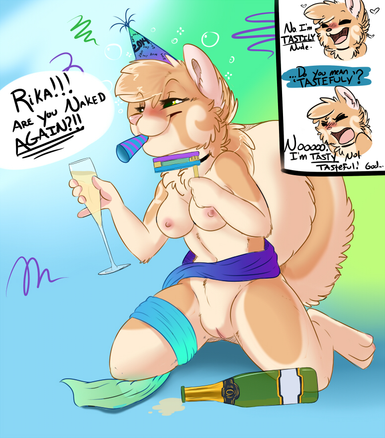 alcohol anthro beverage blush breasts canine champagne chest_tuft dialog dog drink drunk female fur holidays kneeling mammal new_year noisemaker nude party_hat pomeranian pussy ribbons rika rika_(character) solo tan_fur text tuft