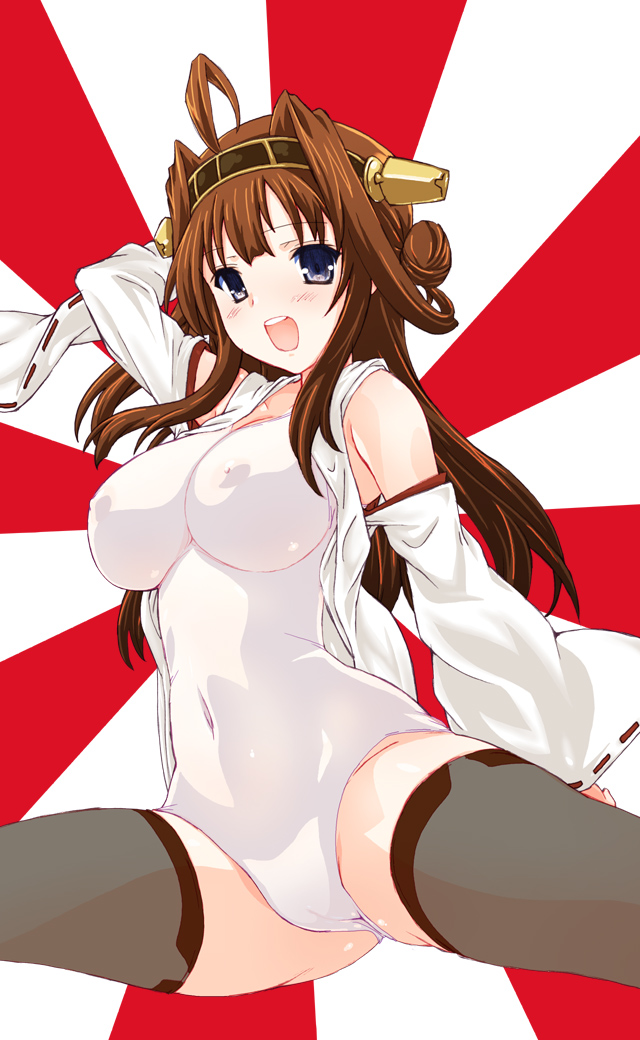 :d ahoge bangs bare_shoulders blue_eyes blush breasts brown_hair cameltoe covered_navel covered_nipples cowboy_shot detached_sleeves double_bun grey_legwear hair_rings hairband hand_behind_head headgear hips impossible_clothes impossible_swimsuit kantai_collection kongou_(kantai_collection) large_breasts long_hair looking_at_viewer nontraditional_miko one-piece_swimsuit open_clothes open_mouth ribbon-trimmed_sleeves ribbon_trim rising_sun skin_tight smile solo spread_legs sunburst swimsuit swimsuit_under_clothes testa thighhighs white_swimsuit wide_sleeves