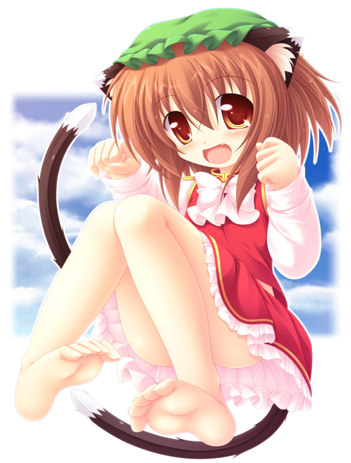animal_ears barefoot bow brown_eyes brown_hair cat_ears cat_tail chen fang feet hat long_sleeves mob_cap multiple_tails nekomata no_panties open_mouth red_eyes smile soles solo tail toes touhou yokuran