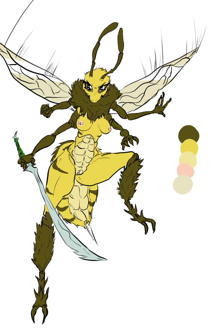 antennae anthro arthropod bee breasts drone female fur furrilicious insect multi_limb multiple_arms nipples pussy solo sword weapon wide_hips wings