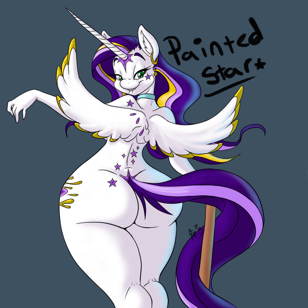 anthro astrofenn big_butt biting_lip blonde_hair butt ear_piercing equine feathers female fur green_eyes hair hands horn horse long_hair looking_at_viewer looking_back mammal my_little_pony nude original_character piercing pink_hair pony purple_hair quine smile solo standing thick_thighs thighs voluptuous white_feathers white_fur wide_hips winged_unicorn wings