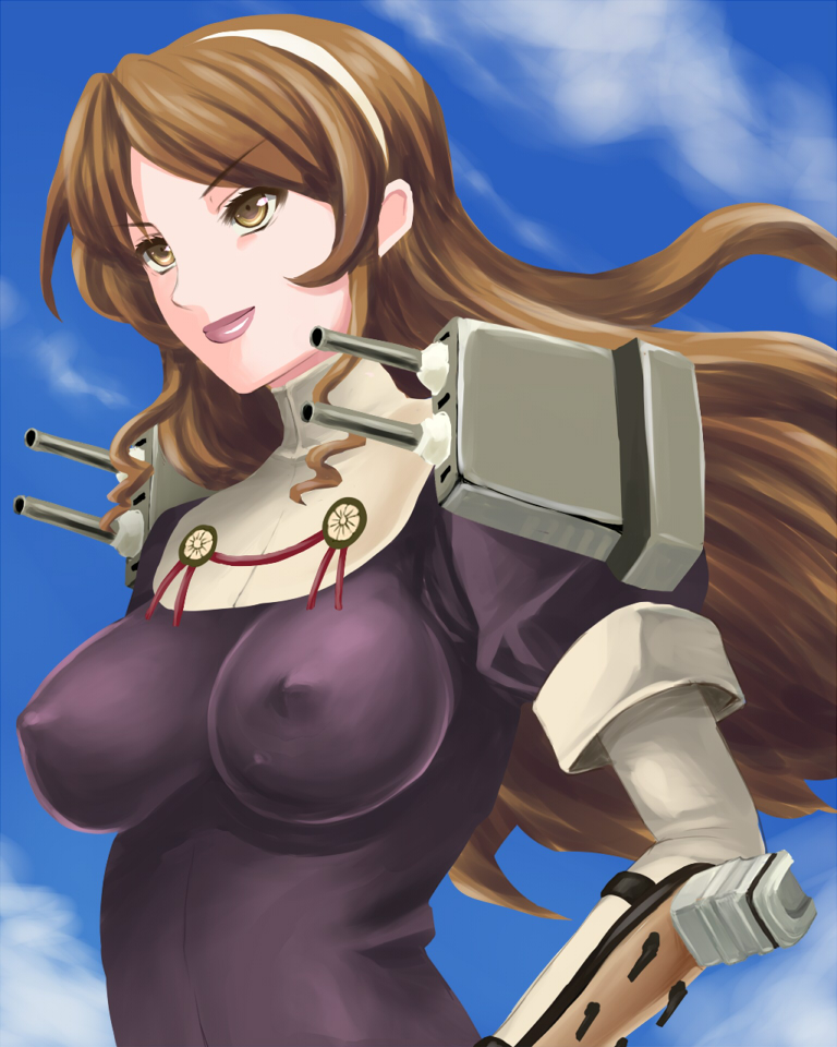 ashigara_(kantai_collection) bodysuit breasts brown_eyes brown_hair covered_nipples day elbow_gloves gloves hairband impossible_clothes kantai_collection large_breasts lips long_hair sky solo terumin_(yuganda_sebone)